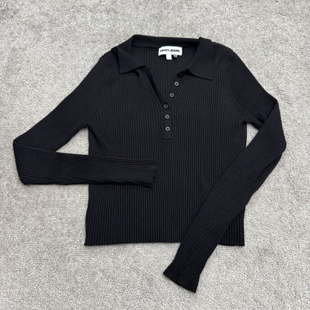 DKNY Jeans Ribbed Knit Polo Long Sleeve Henley Sweater Top Women Medium Black